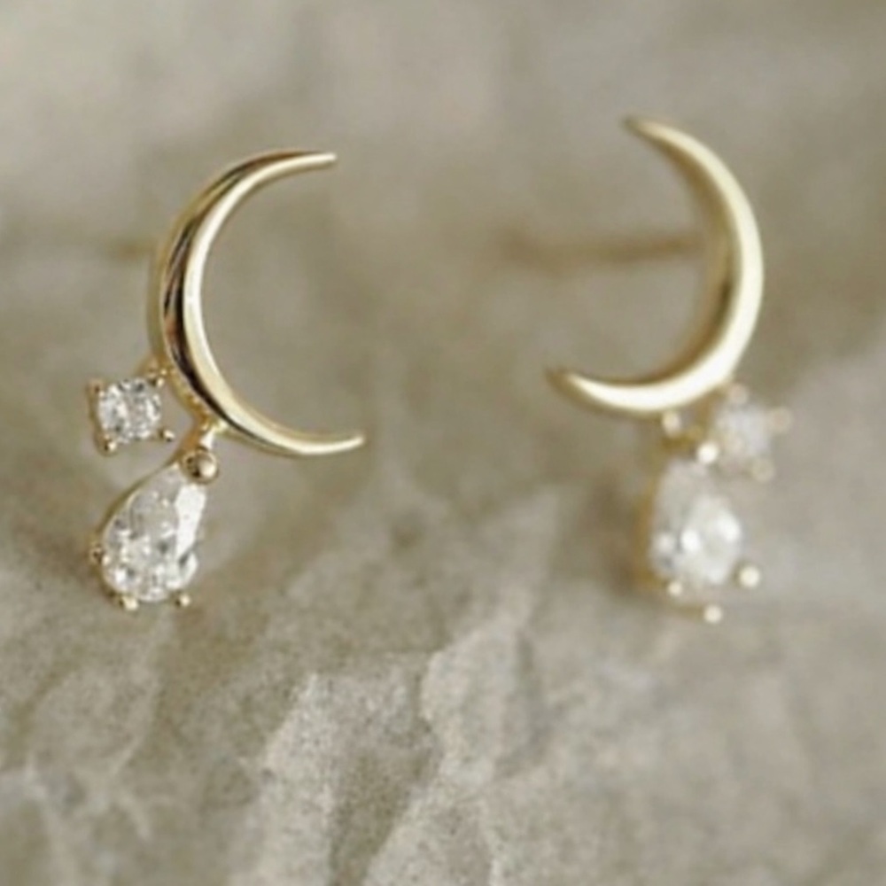 “Tears from the Moon” Crescent Sliver Dripping Crystals Swarovski Tiny 14K Studs - Picture 4 of 12